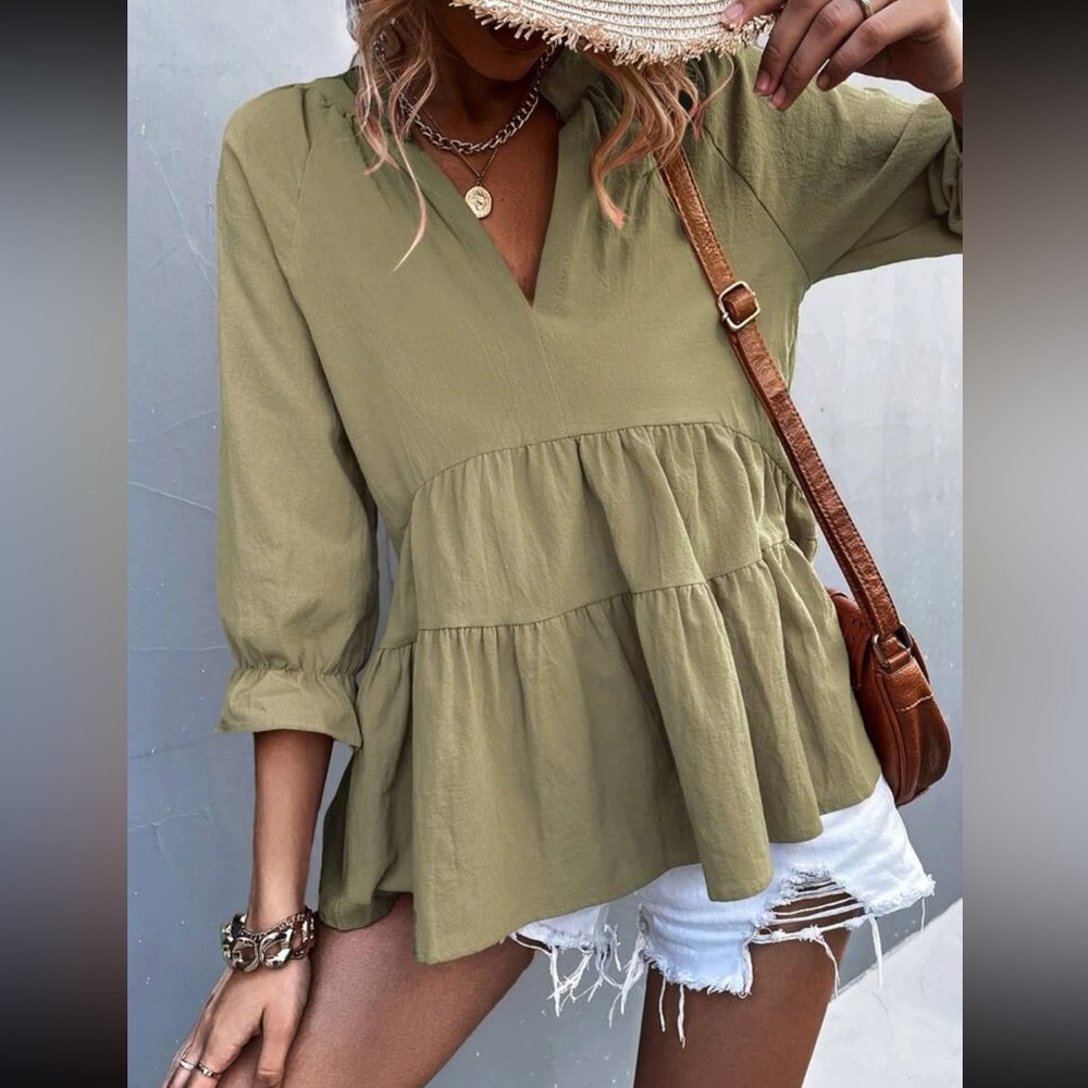 NEW Notched neck, flounce sleeve, baby doll blouse